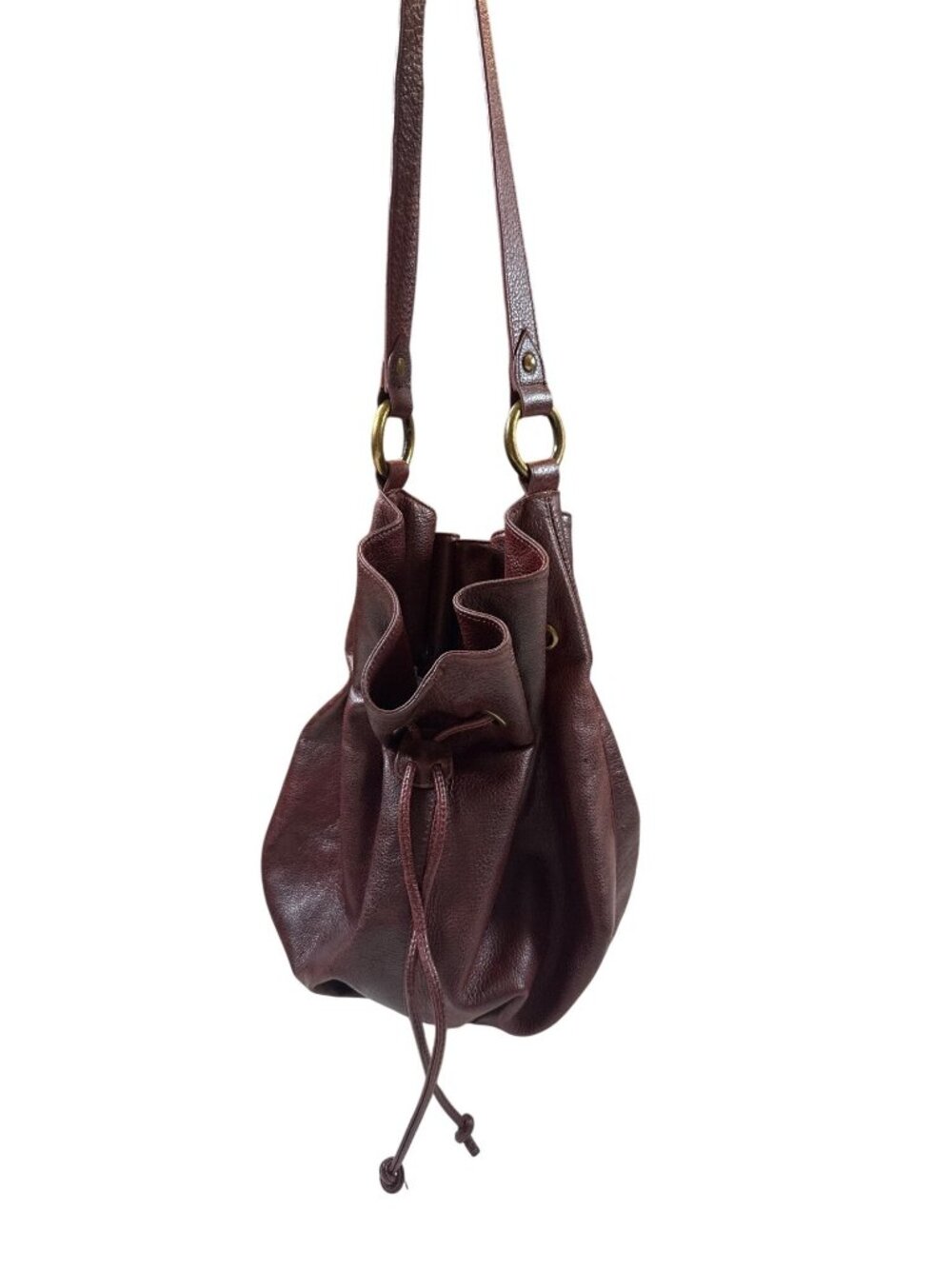 Carlos Falchi Burgundy Leather Bucket Shoulder Bag With Drawstring Closure